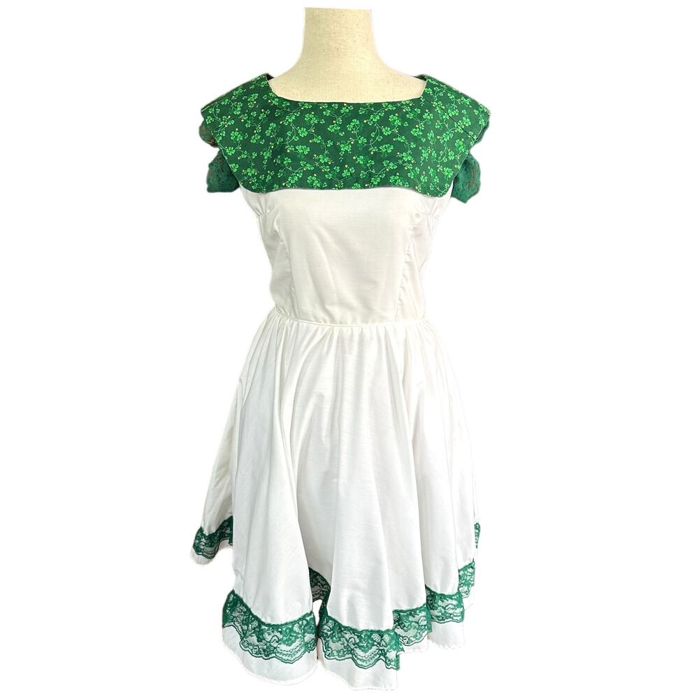 Handmade White & Green Square Dance Dress Shamrock Ruffle Lace Swing A-Line